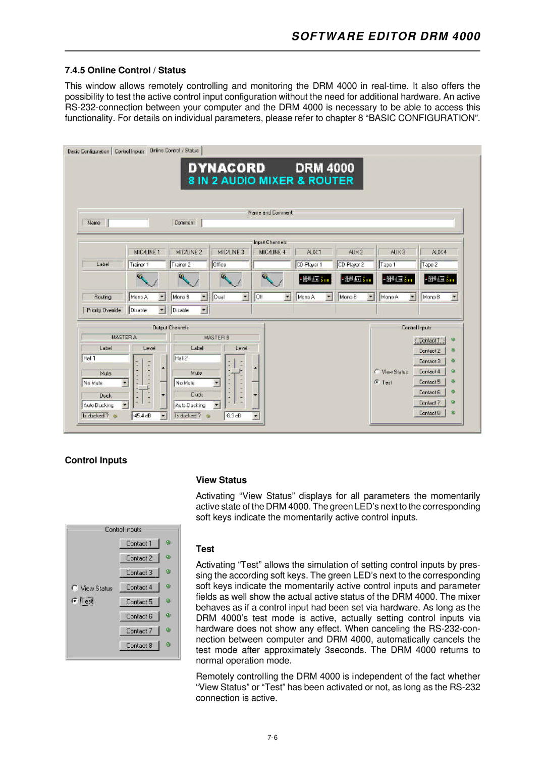 Dynacord DRM 4000 owner manual Online Control / Status, Control Inputs View Status, Test 