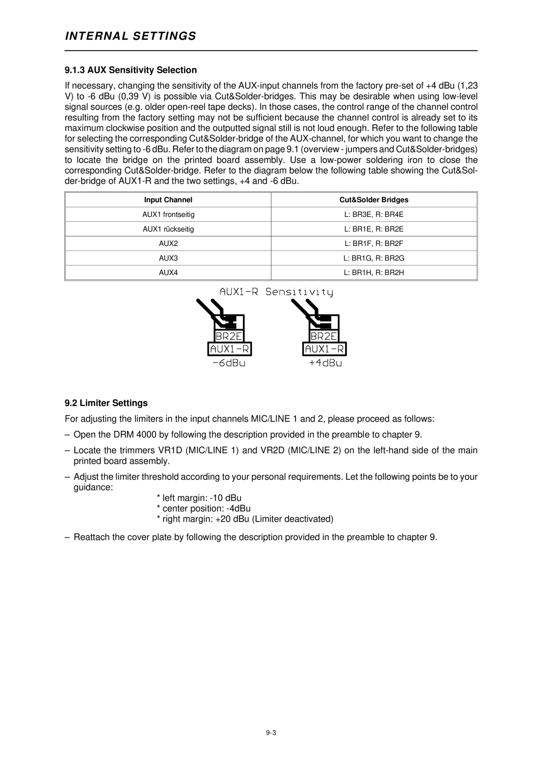 Dynacord DRM 4000 owner manual AUX Sensitivity Selection, Limiter Settings 