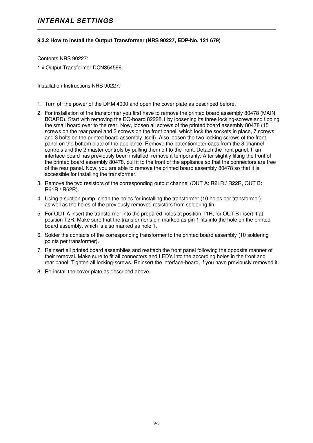 Dynacord DRM 4000 owner manual How to install the Output Transformer NRS 90227, EDP-No 