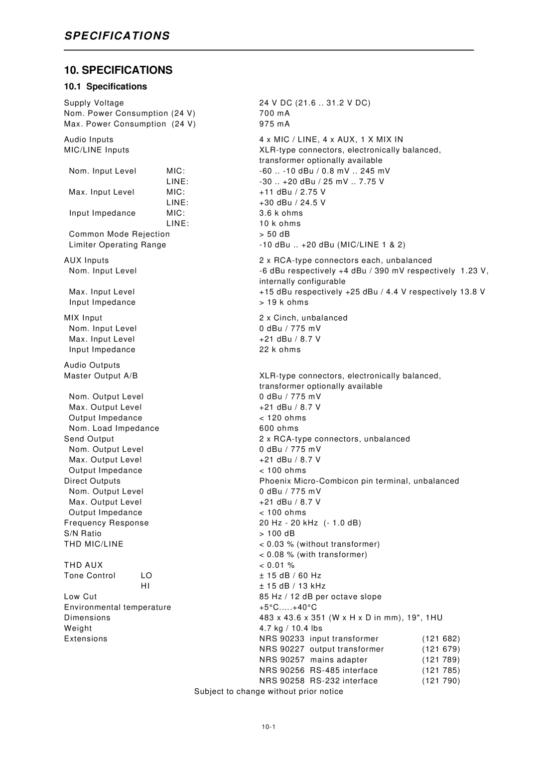 Dynacord DRM 4000 owner manual Peci F I C a T IO N S, Specifications 