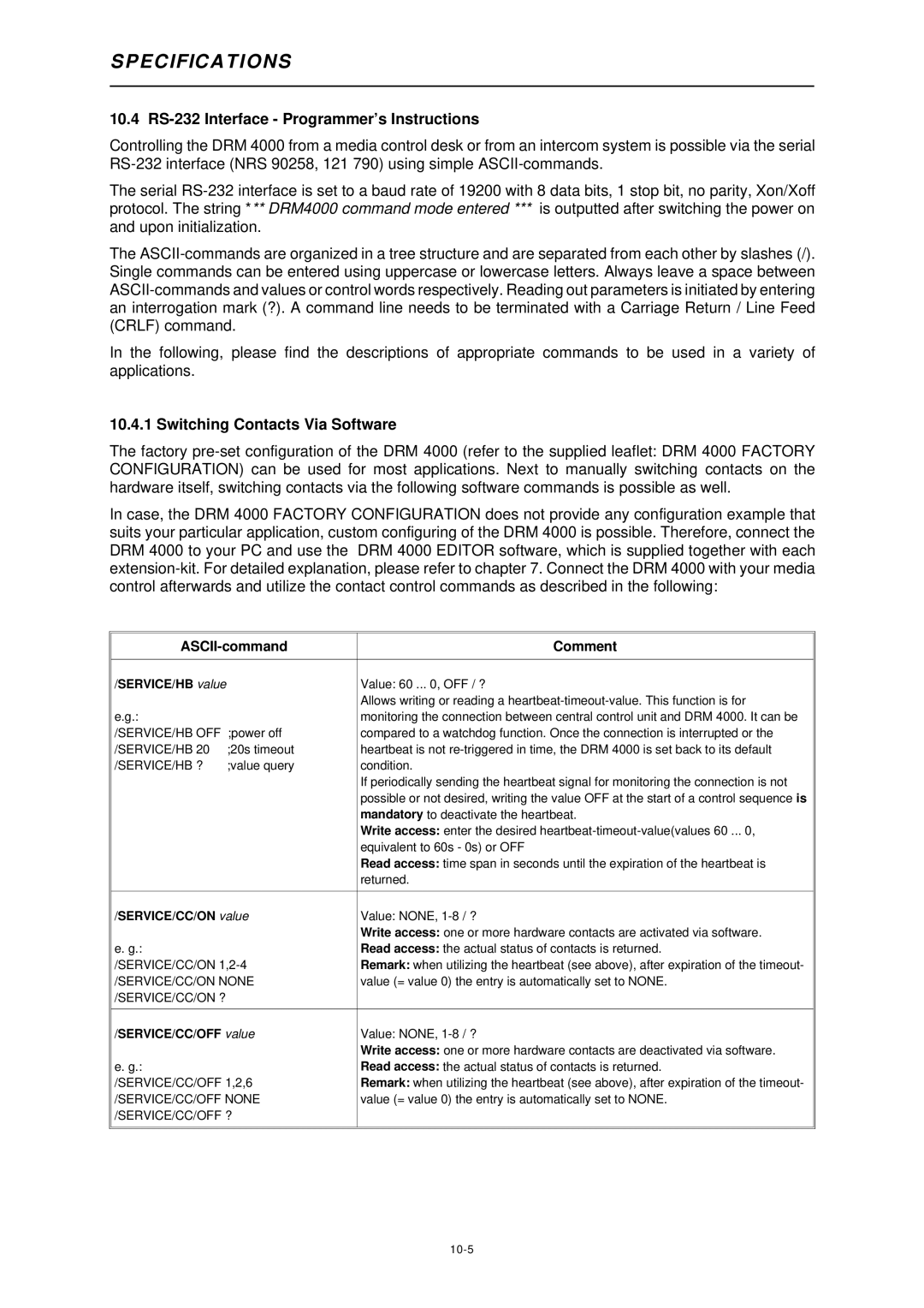 Dynacord DRM 4000 owner manual 10.4 RS-232 Interface Programmer’s Instructions, Switching Contacts Via Software 