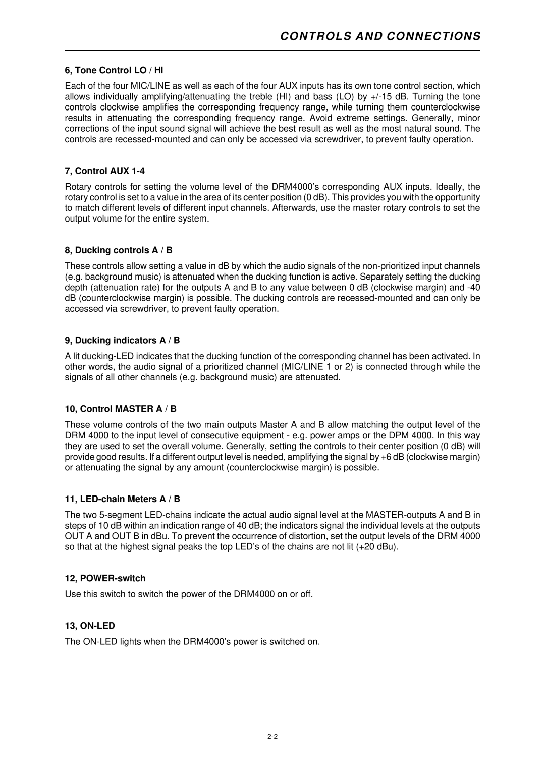 Dynacord DRM 4000 Tone Control LO / HI, Control AUX, Ducking controls a / B, Ducking indicators a / B, 12, POWER-switch 