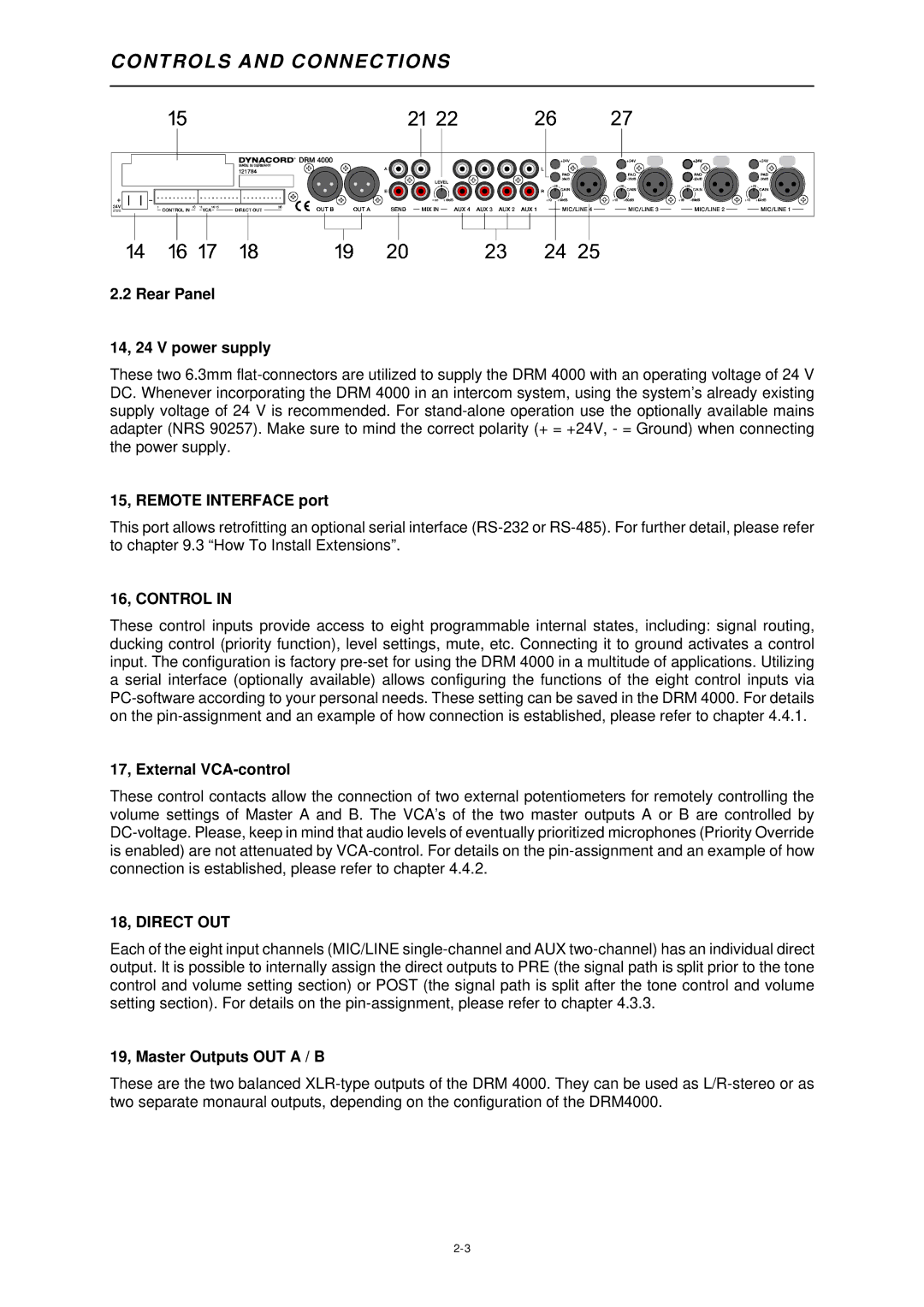 Dynacord DRM 4000 owner manual 16, Control, 18, Direct OUT 