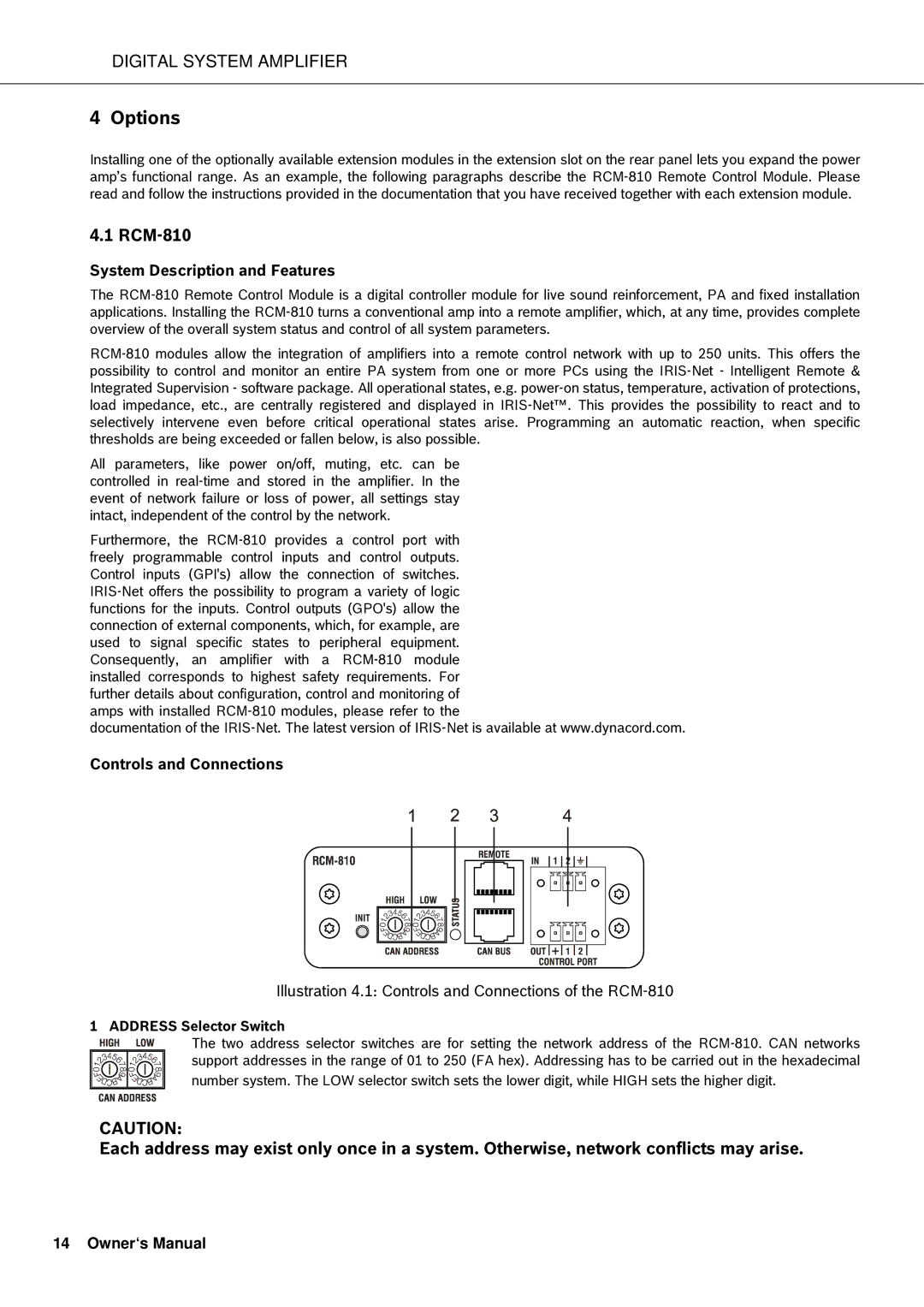 Dynacord DSA 8206, DSA 8209, DSA 8204, DSA 8212 RCM-810, System Description and Features, Controls and Connections 