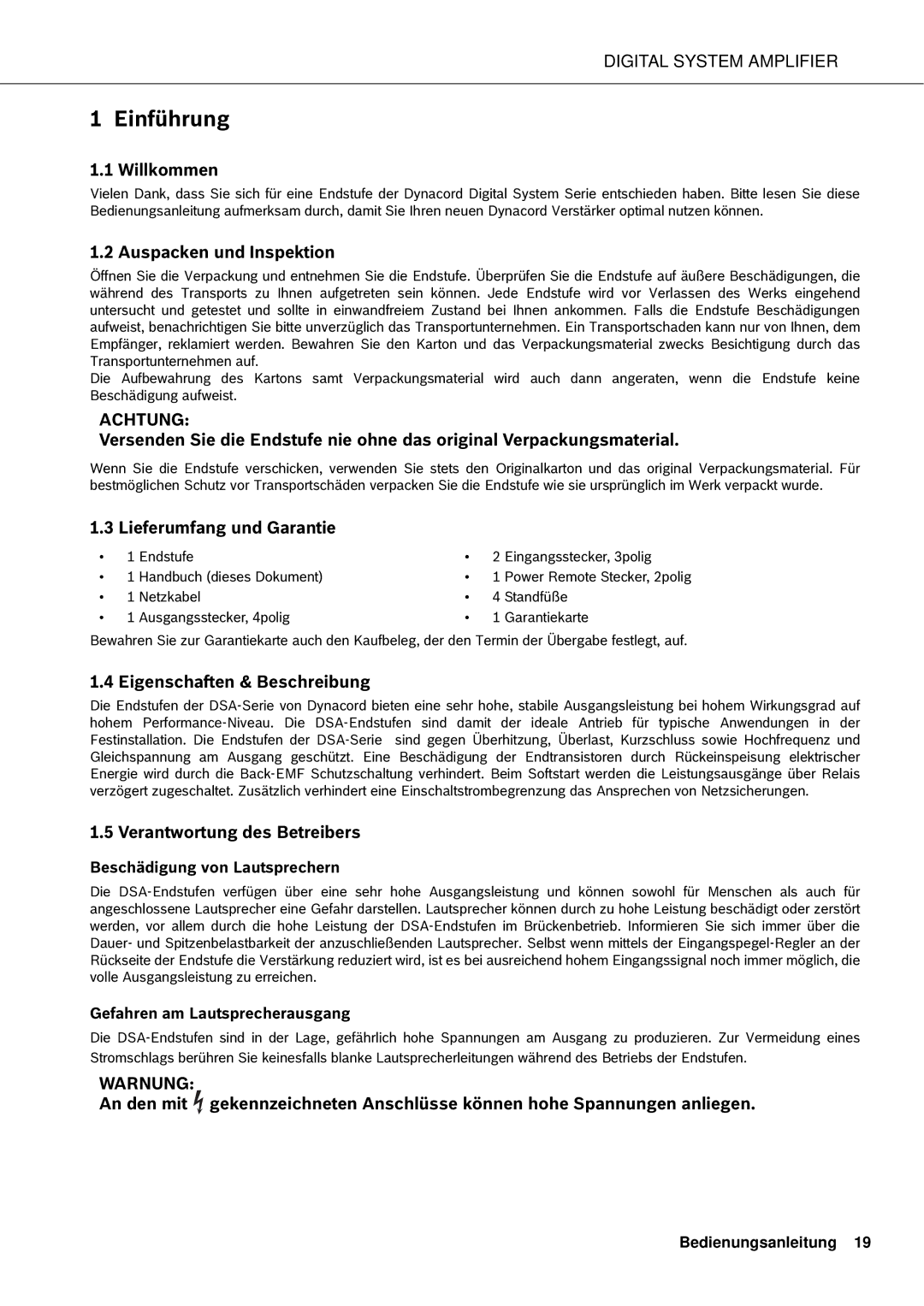 Dynacord DSA 8212, DSA 8209 Willkommen, Auspacken und Inspektion, Lieferumfang und Garantie, Eigenschaften & Beschreibung 