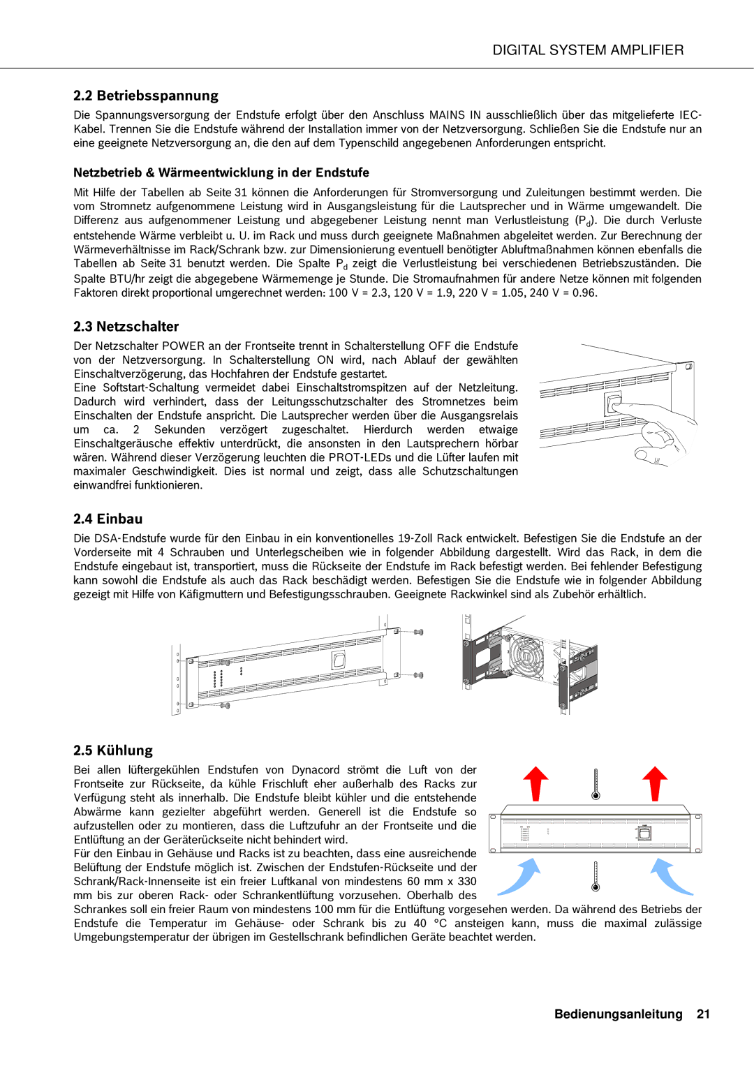 Dynacord DSA 8204 Betriebsspannung, Netzschalter, Einbau, Kühlung, Netzbetrieb & Wärmeentwicklung in der Endstufe 