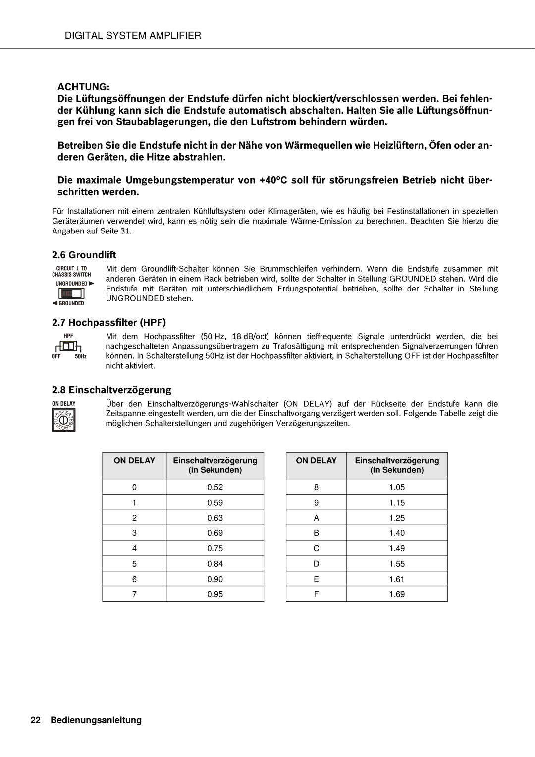 Dynacord DSA 8206, DSA 8209, DSA 8204, DSA 8212 owner manual Hochpassfilter HPF, Einschaltverzögerung 