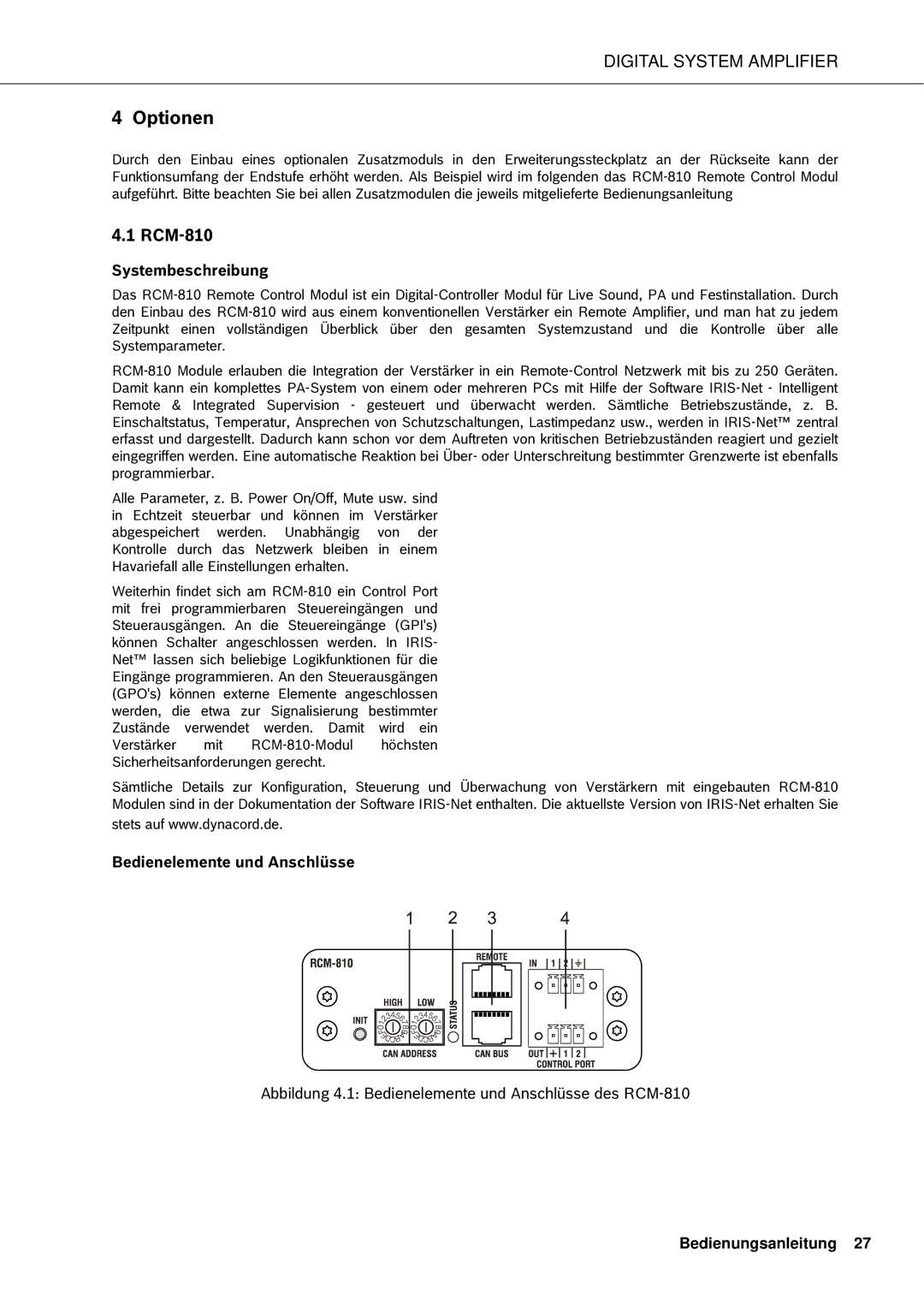 Dynacord DSA 8212, DSA 8209, DSA 8204, DSA 8206 owner manual Systembeschreibung, Bedienelemente und Anschlüsse 