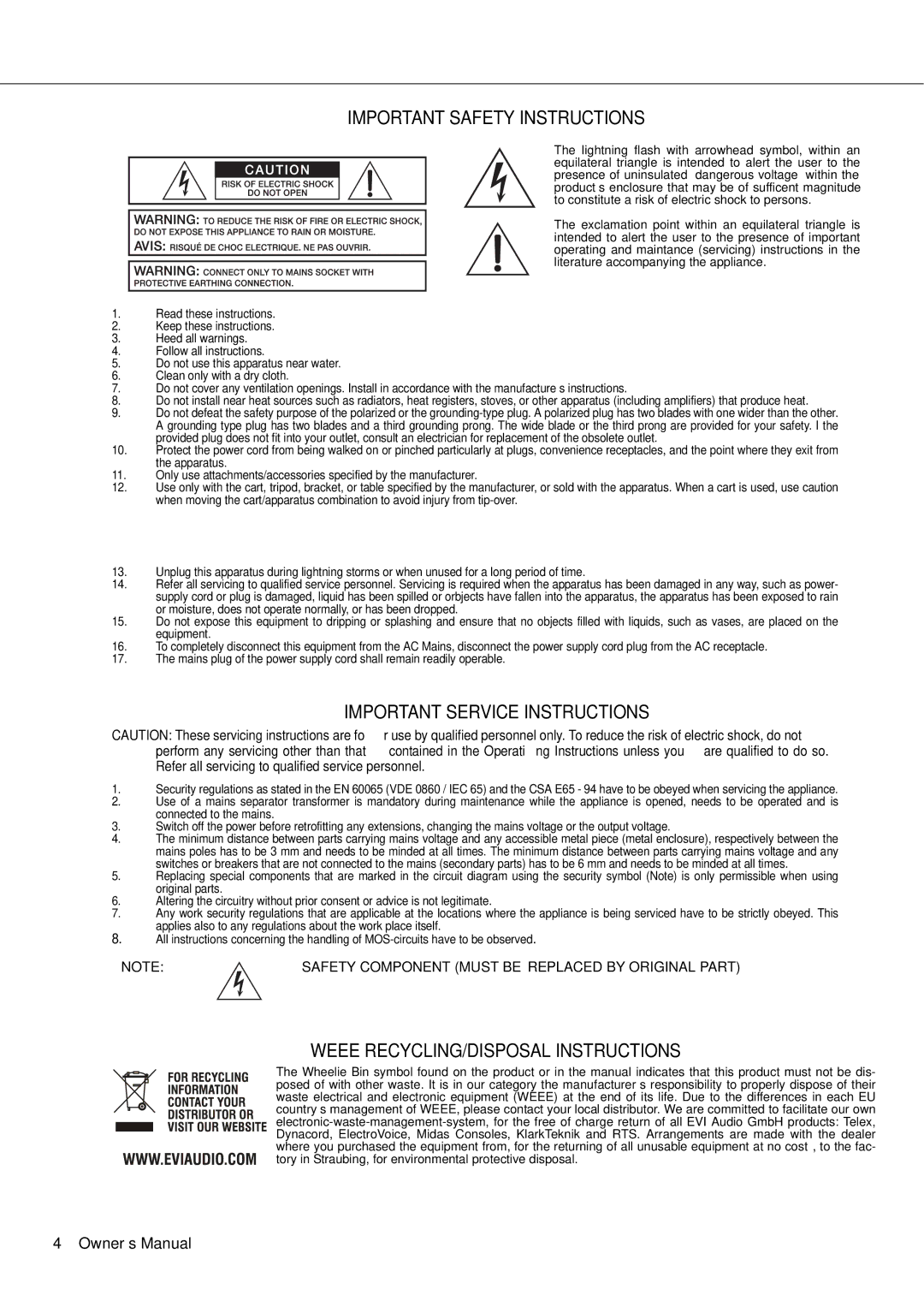 Dynacord DSA 8209, DSA 8204, DSA 8206, DSA 8212 owner manual Important Safety Instructions, Owner‘s Manual 