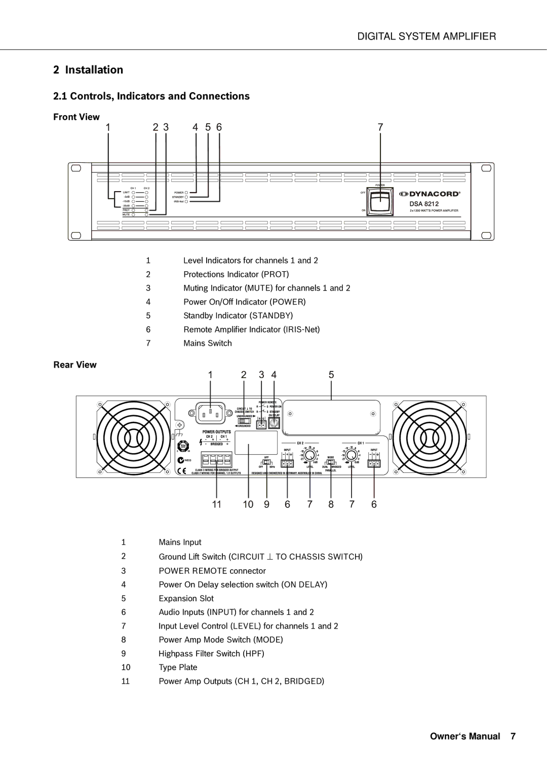 Dynacord DSA 8212, DSA 8209, DSA 8204, DSA 8206 owner manual Controls, Indicators and Connections, Front View, Rear View 