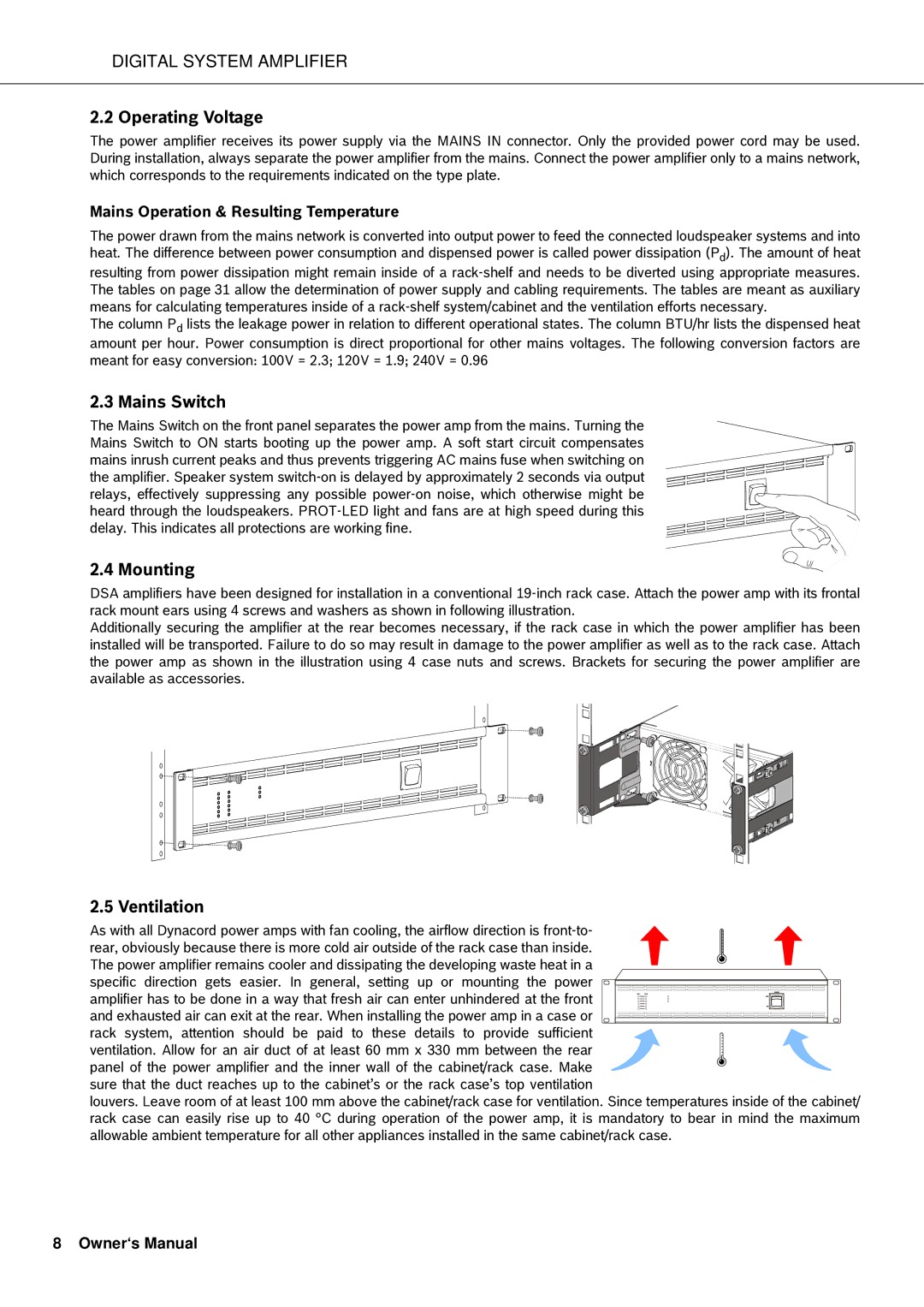 Dynacord DSA 8209 Operating Voltage, Mains Switch, Mounting, Ventilation, Mains Operation & Resulting Temperature 