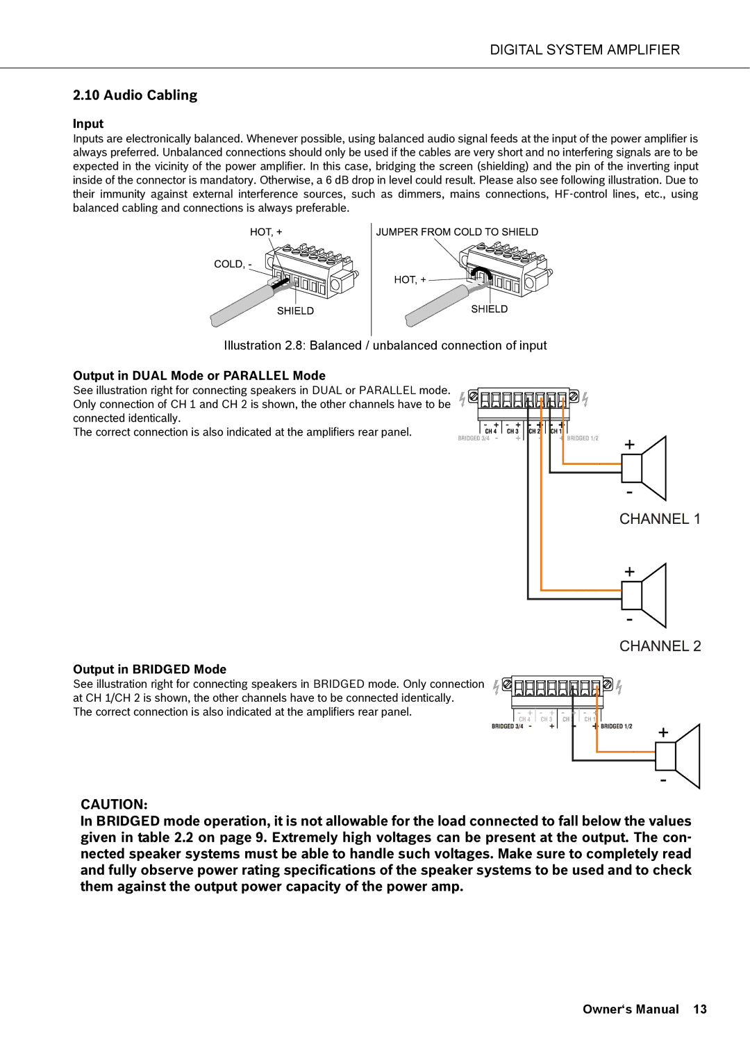 Dynacord DSA 8805, DSA 8410, DSA 8405 Audio Cabling, Input, Output in Dual Mode or Parallel Mode, Output in Bridged Mode 