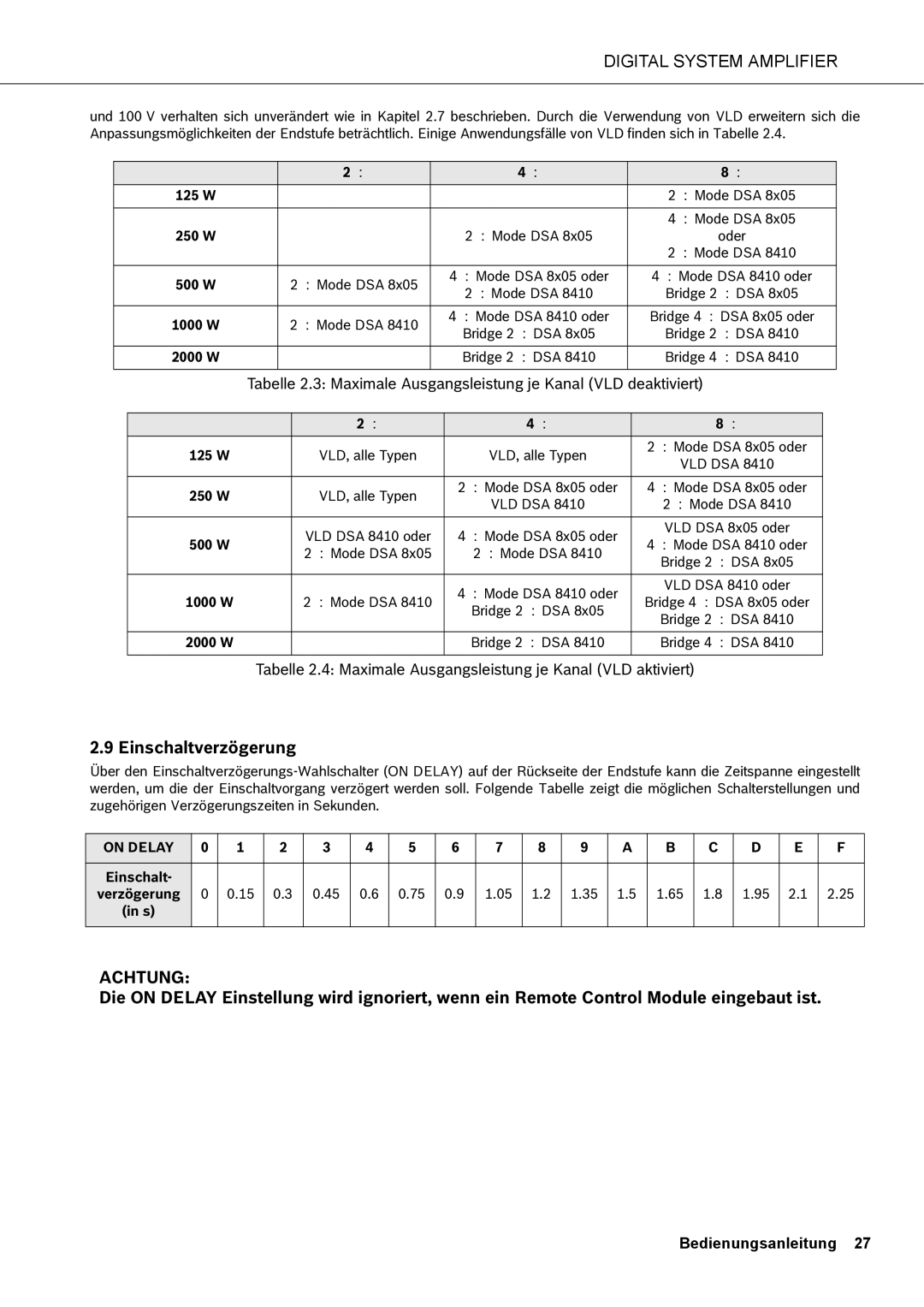 Dynacord DSA 8410, DSA 8805, DSA 8405 owner manual Einschaltverzögerung 