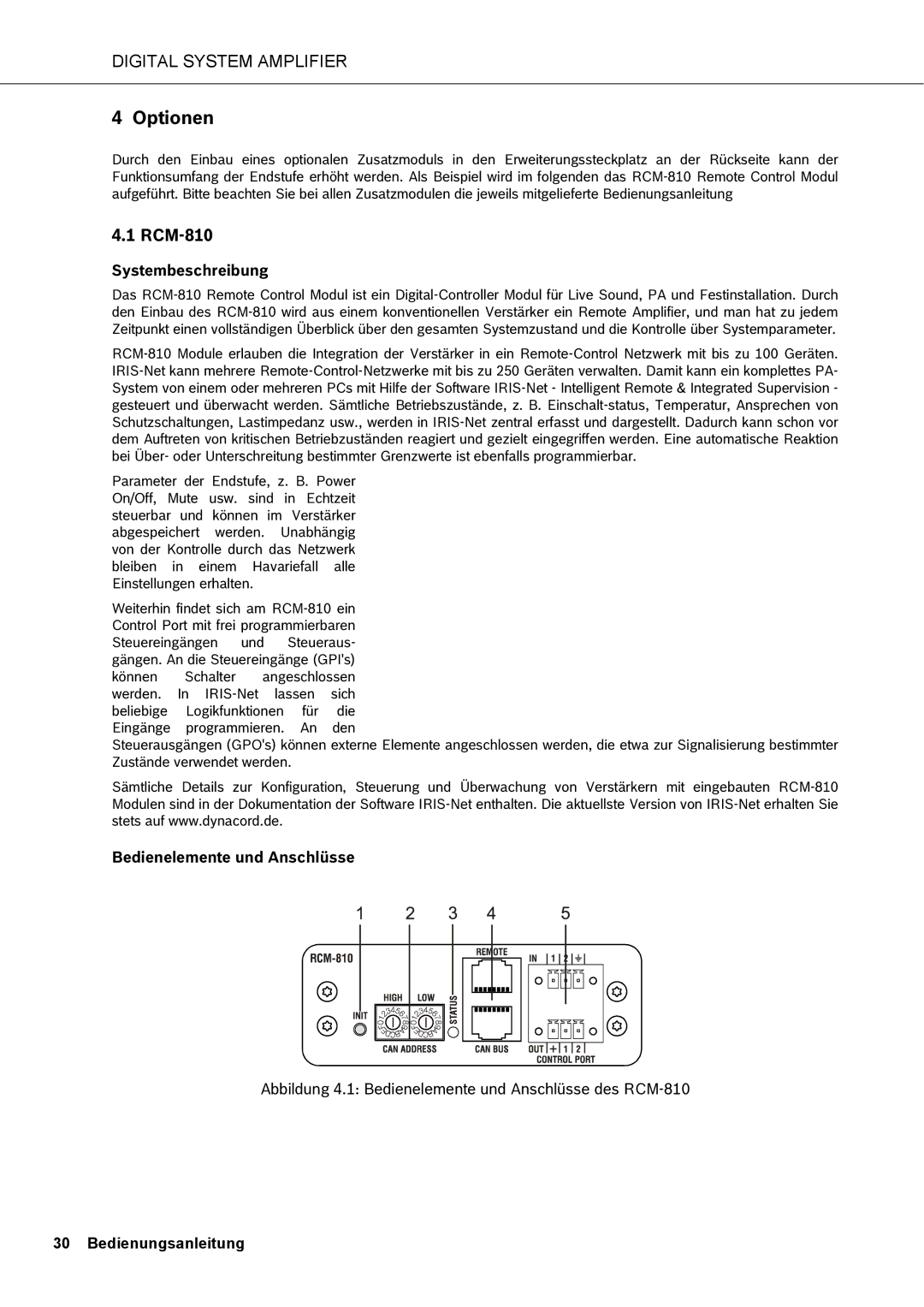 Dynacord DSA 8410, DSA 8805, DSA 8405 owner manual Optionen, Systembeschreibung, Bedienelemente und Anschlüsse 