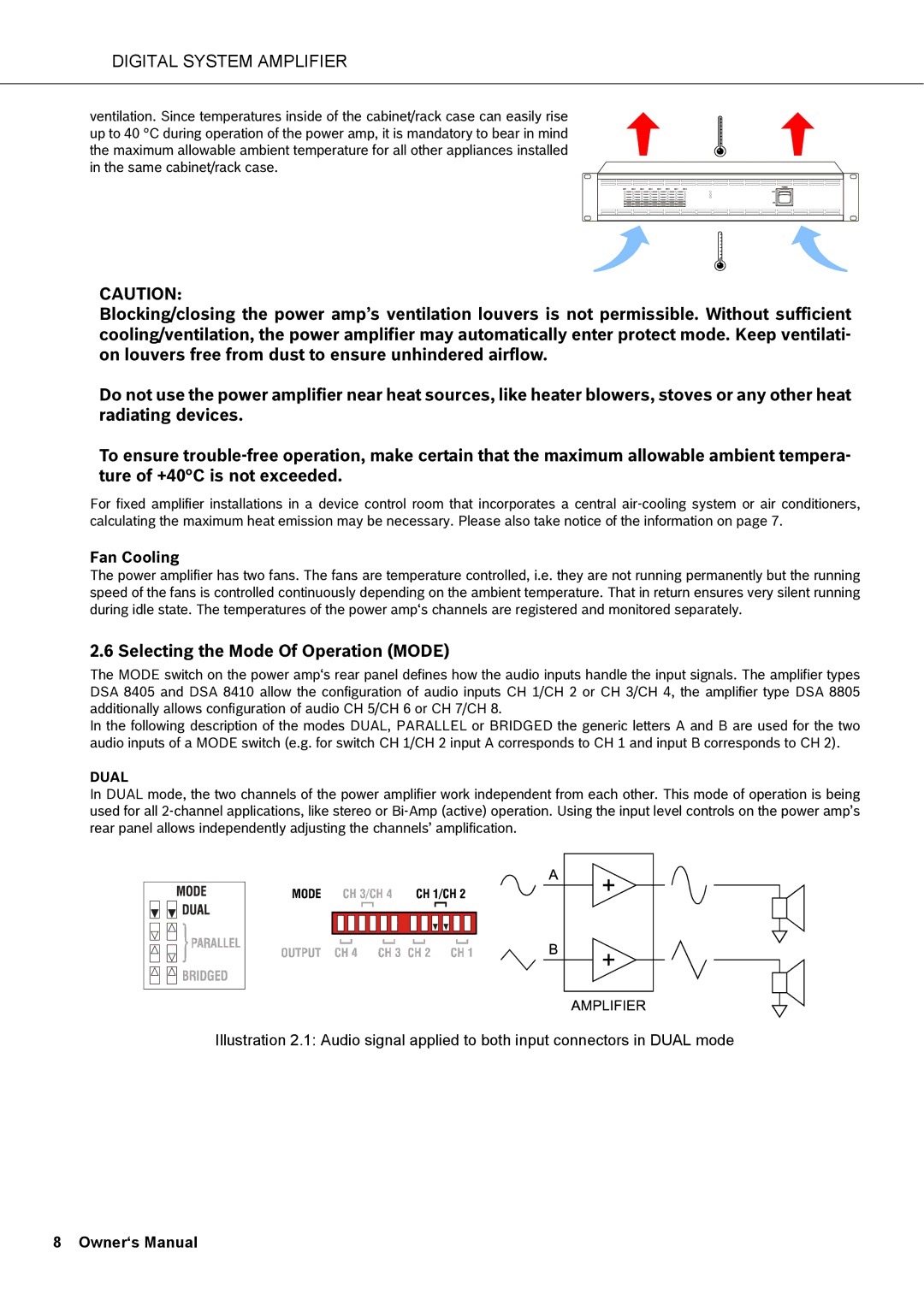 Dynacord DSA 8405, DSA 8410, DSA 8805 owner manual Selecting the Mode Of Operation Mode, Fan Cooling 