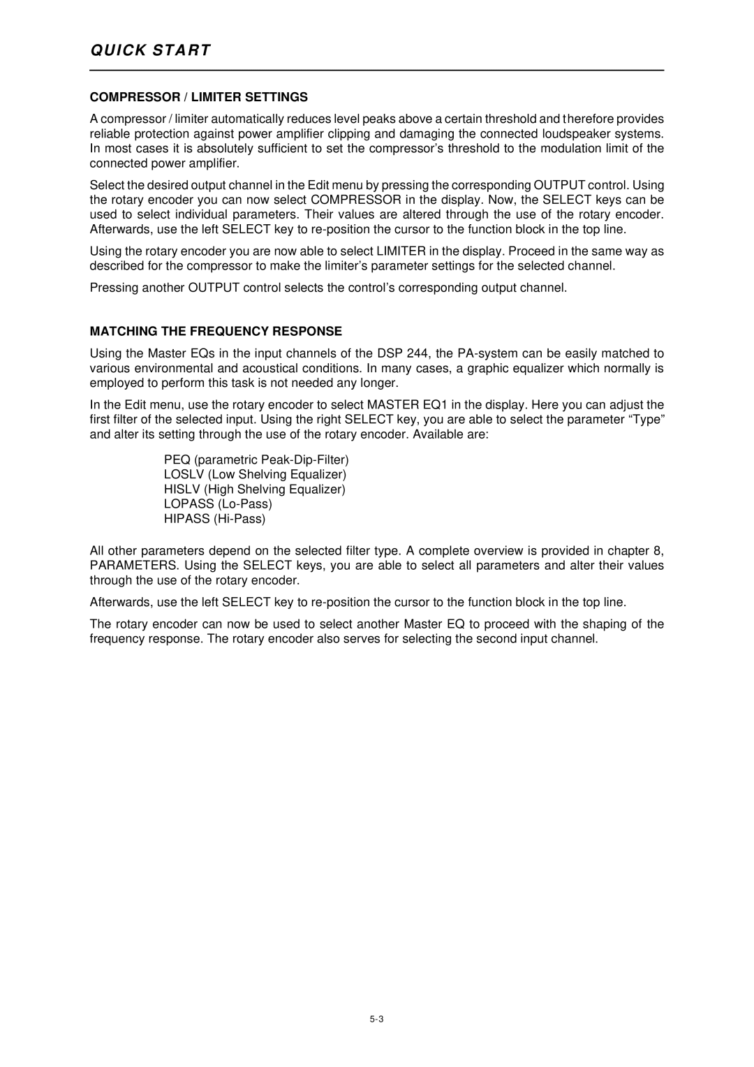 Dynacord DSP 244 owner manual Compressor / Limiter Settings, Matching the Frequency Response 