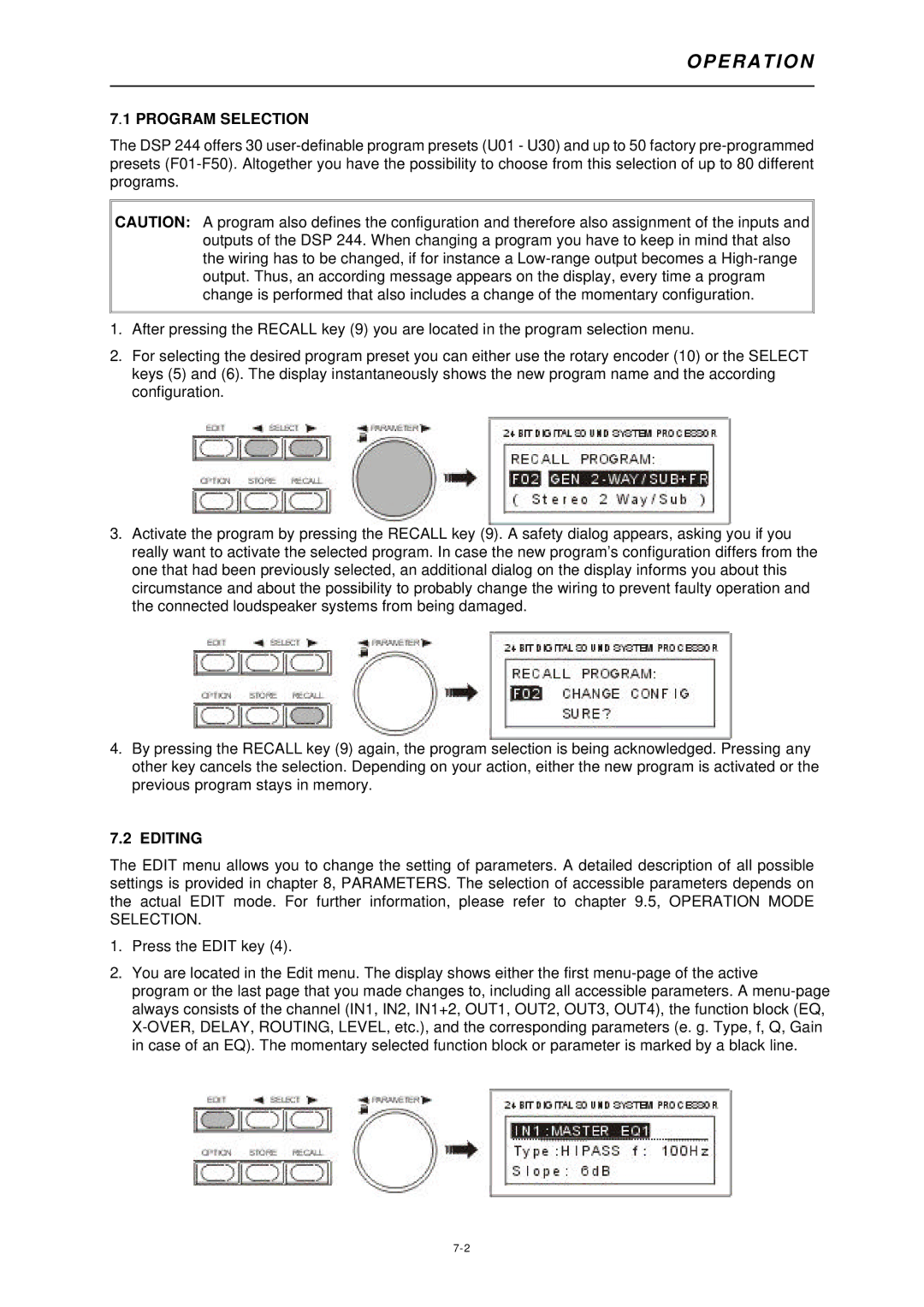 Dynacord DSP 244 owner manual Program Selection, Editing 