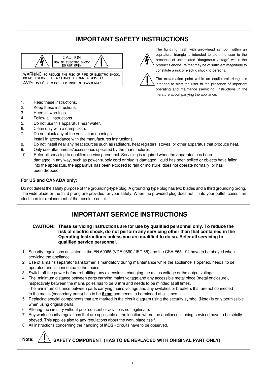 Dynacord DSP 244 owner manual For US and Canada only, Safety Component has to be Replaced with Original Part only 