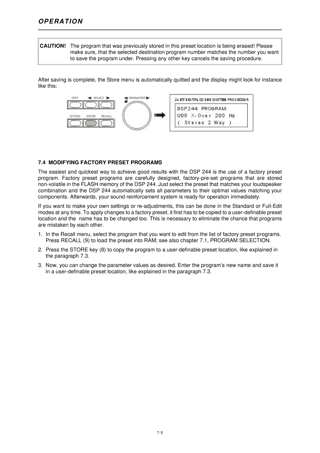 Dynacord DSP 244 owner manual Modifying Factory Preset Programs 