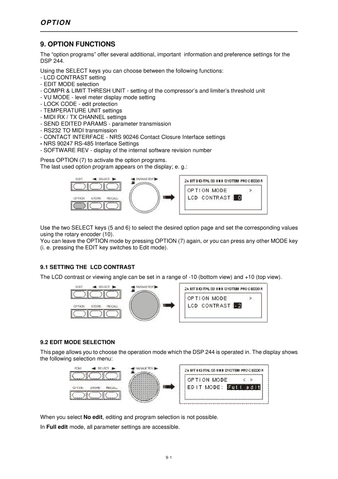 Dynacord DSP 244 owner manual T I O N, Option Functions, Setting the LCD Contrast, Edit Mode Selection 