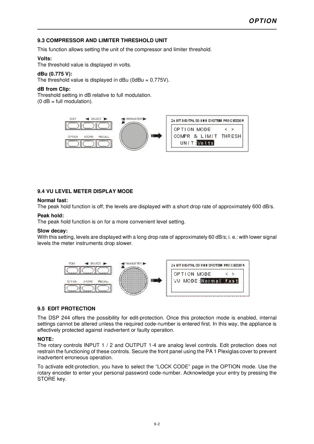 Dynacord DSP 244 owner manual Compressor and Limiter Threshold Unit, VU Level Meter Display Mode, Edit Protection 