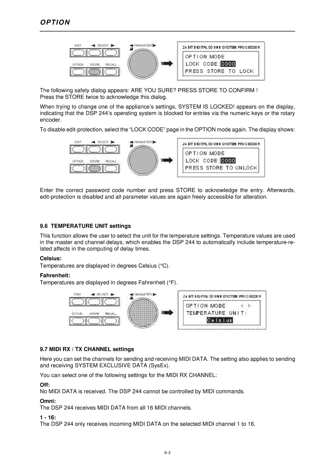 Dynacord DSP 244 owner manual Temperature Unit settings, Celsius, Fahrenheit, Midi RX / TX Channel settings, Off, Omni 