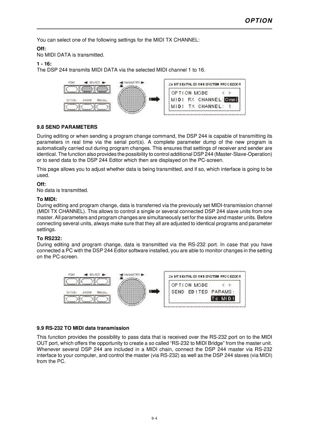 Dynacord DSP 244 owner manual Send Parameters, To Midi, To RS232, RS-232 to Midi data transmission 