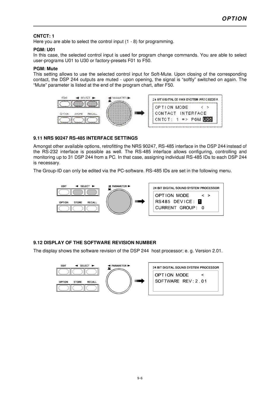 Dynacord DSP 244 Cntct, PGM U01, PGM Mute, NRS 90247 RS-485 Interface Settings, Display of the Software Revision Number 