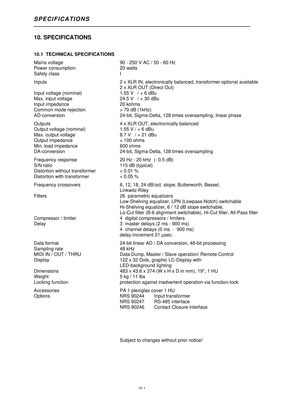 Dynacord DSP 244 owner manual Peci F I C a T IO N S, Technical Specifications 