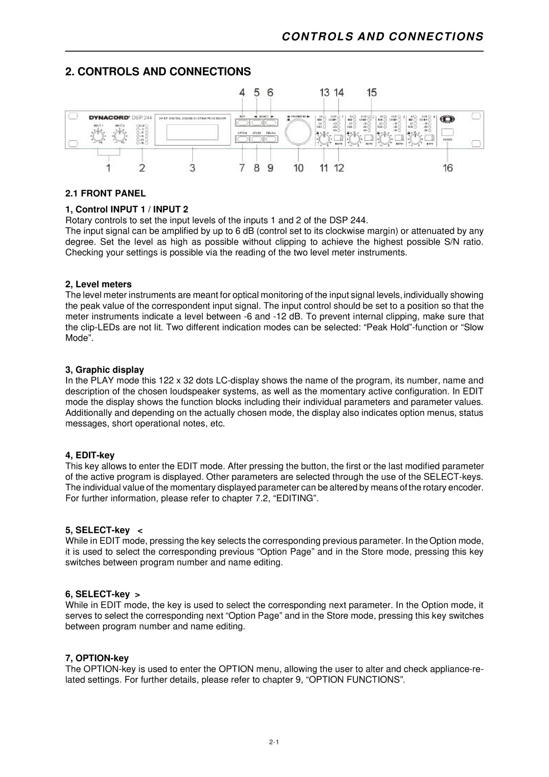 Dynacord DSP 244 owner manual Controls and Connections, Front Panel 