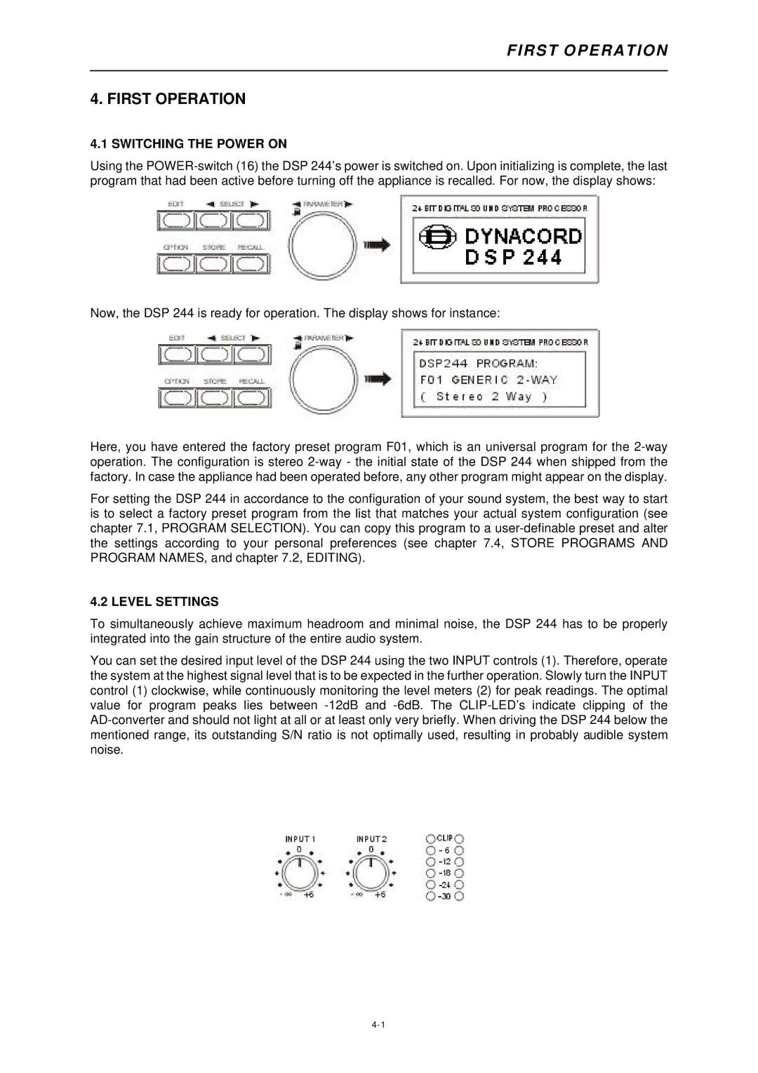 Dynacord DSP 244 owner manual First Operation, Switching the Power on, Level Settings 