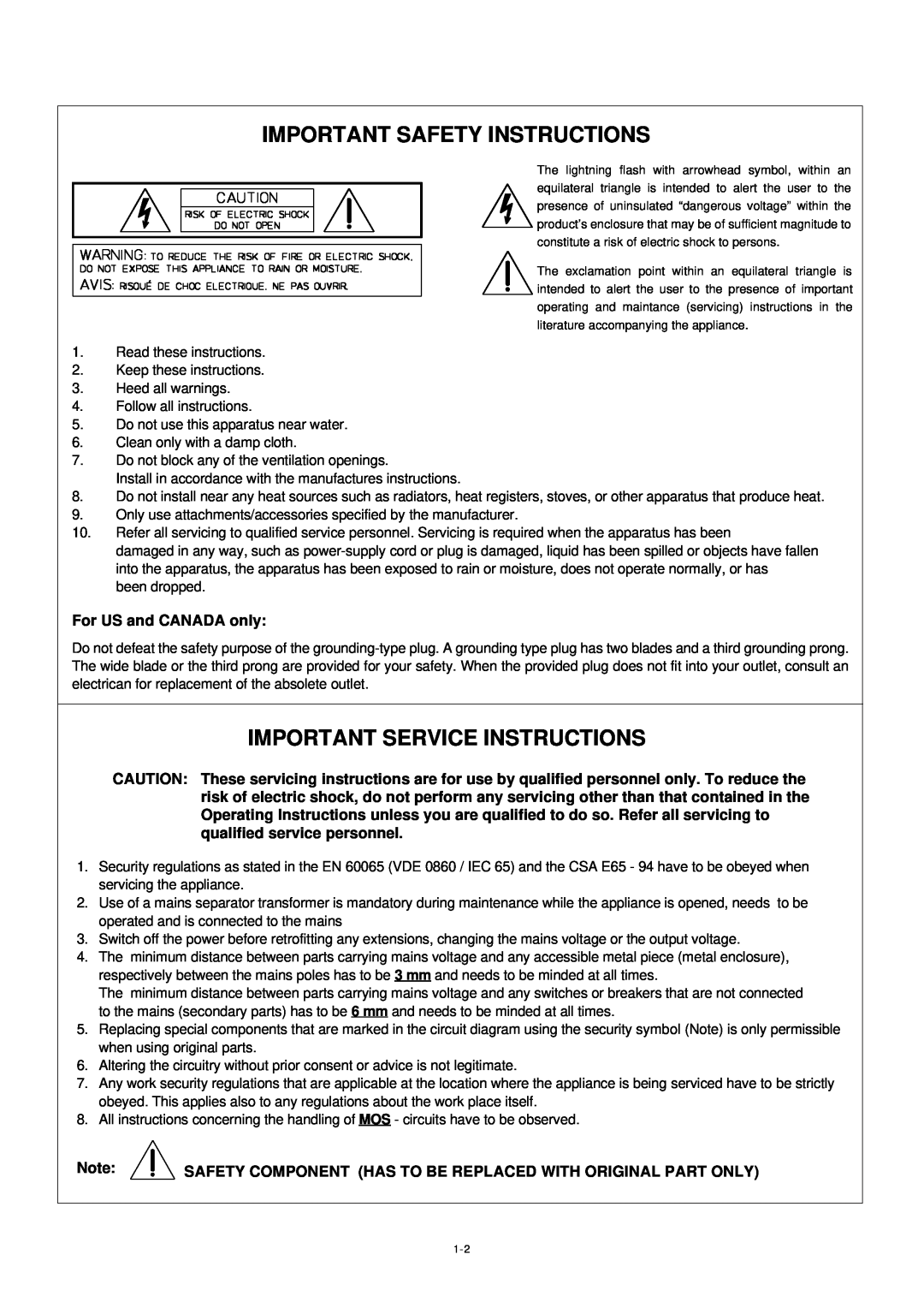 Dynacord DSP 244 owner manual For US and CANADA only, Important Safety Instructions, Important Service Instructions 