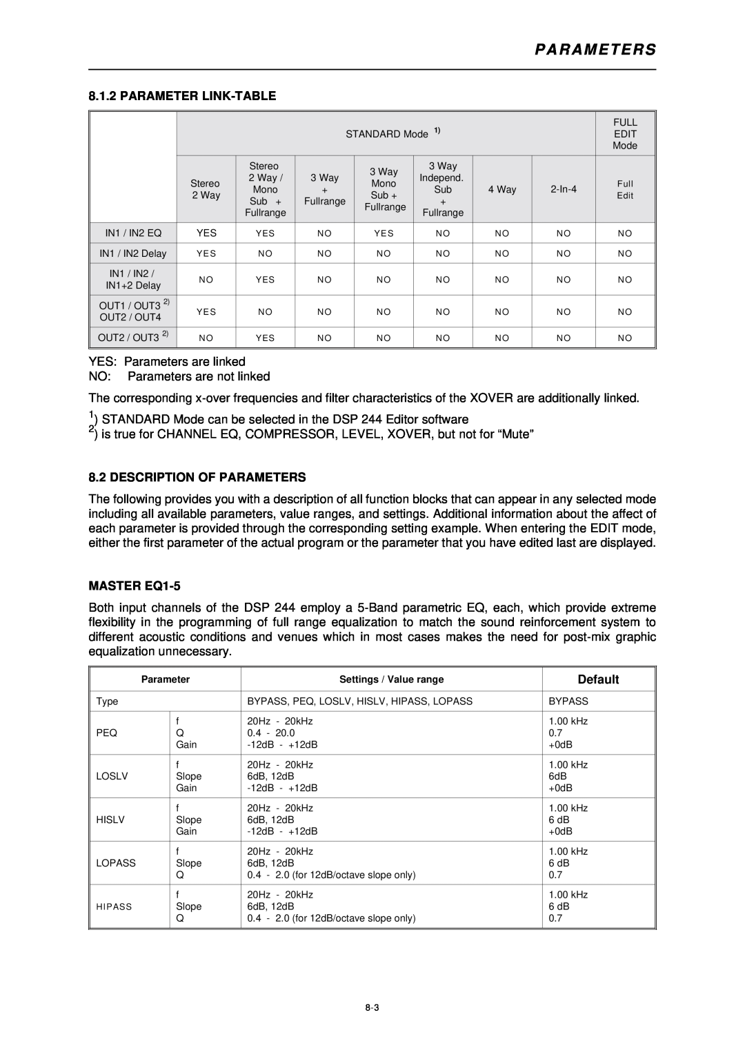 Dynacord DSP 244 owner manual Parameter Link-Table, Description Of Parameters, MASTER EQ1-5, Default, P A R A M E T E R S 
