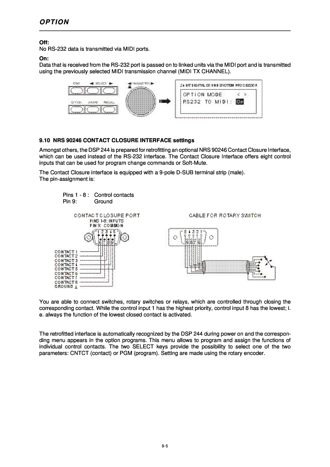 Dynacord DSP 244 owner manual NRS 90246 CONTACT CLOSURE INTERFACE settings, O P T I O N 