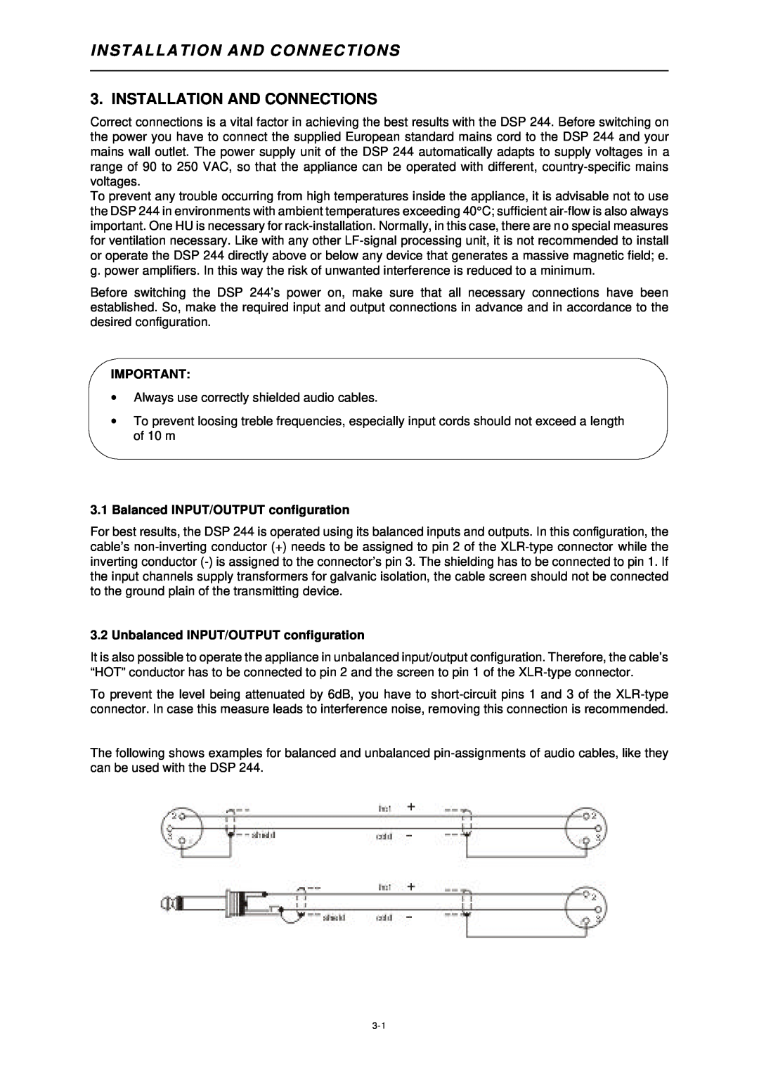 Dynacord DSP 244 owner manual Installation And Connections, 3.1Balanced INPUT/OUTPUT configuration 