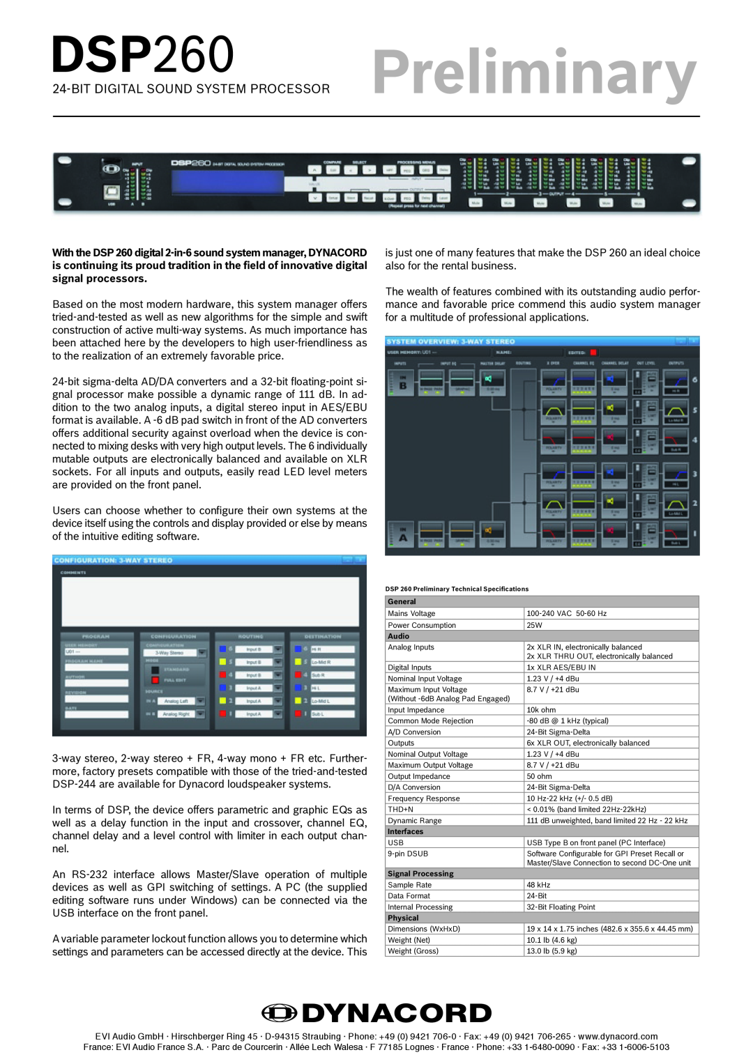 Dynacord DSP 260 technical specifications Preliminary, DSP260, Bit Digital Sound System Processor 