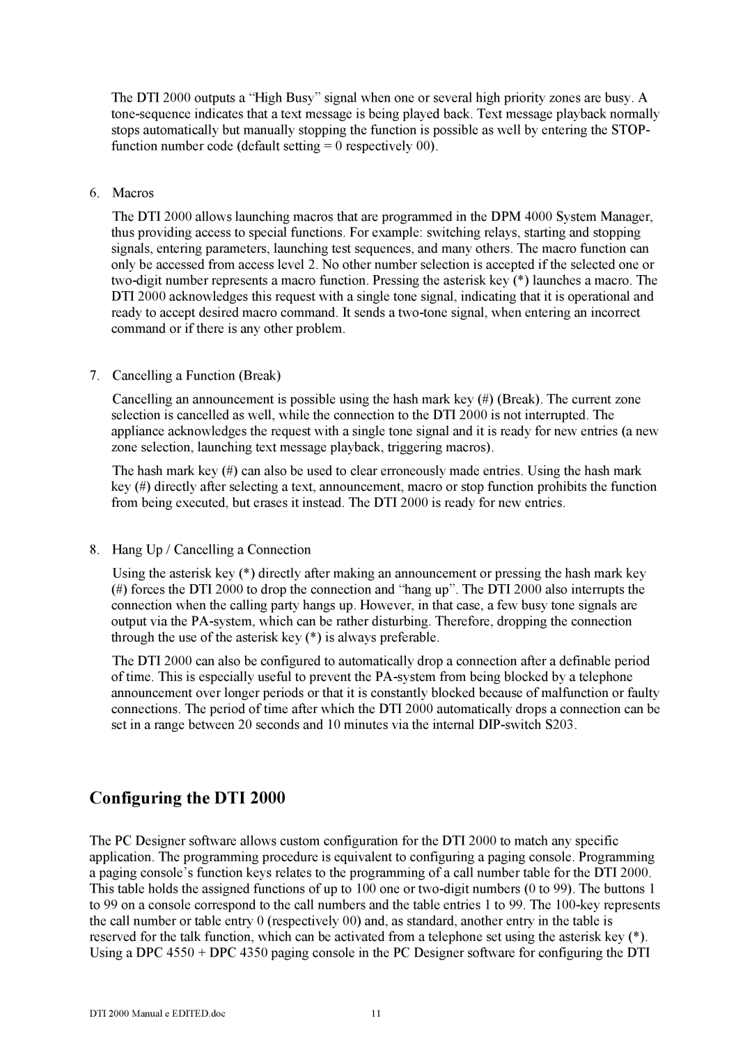 Dynacord DTI 2000 owner manual Configuring the DTI 