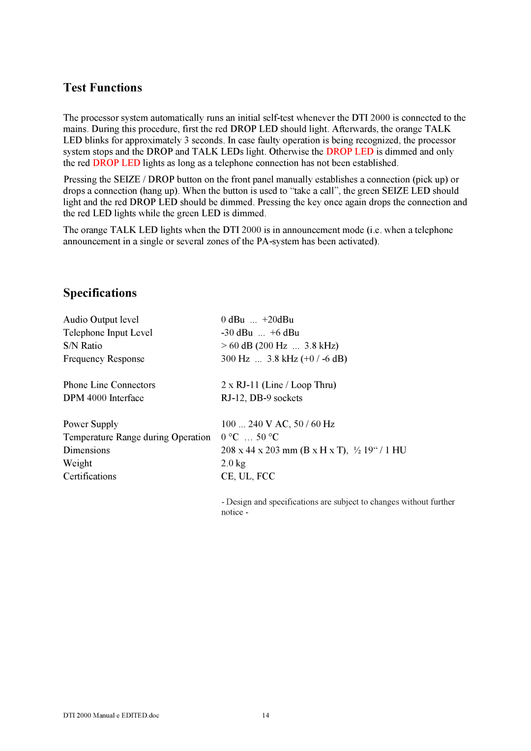 Dynacord DTI 2000 owner manual Test Functions, Specifications 