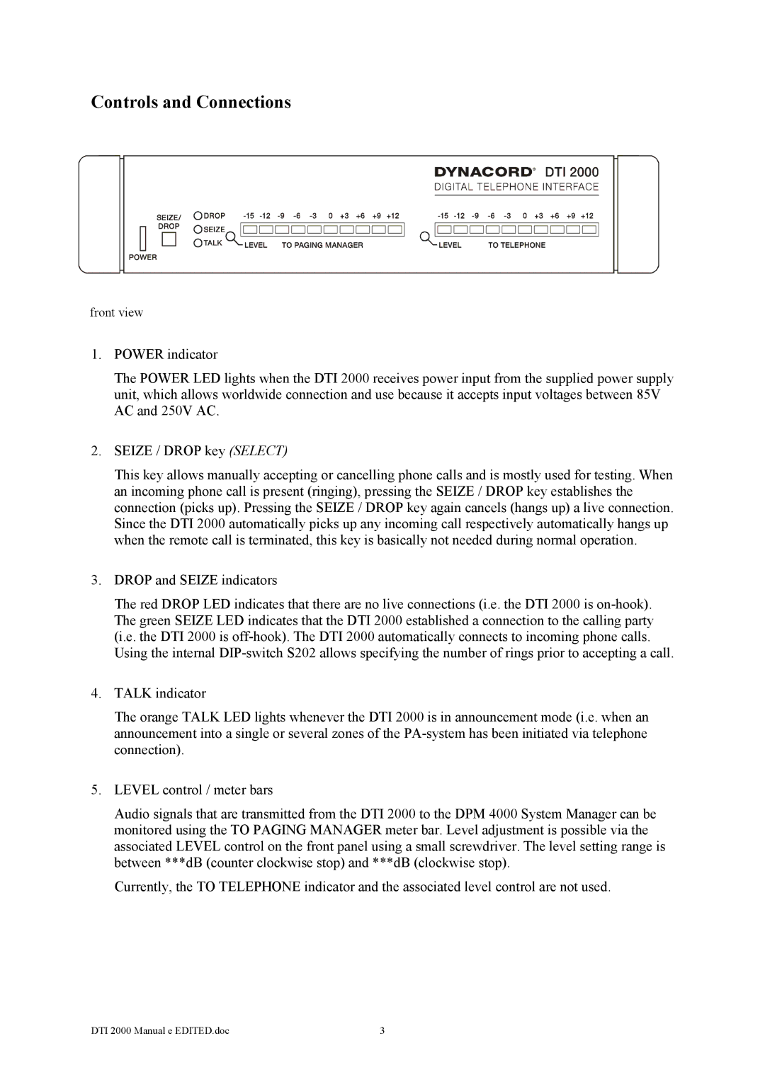 Dynacord DTI 2000 owner manual Controls and Connections 