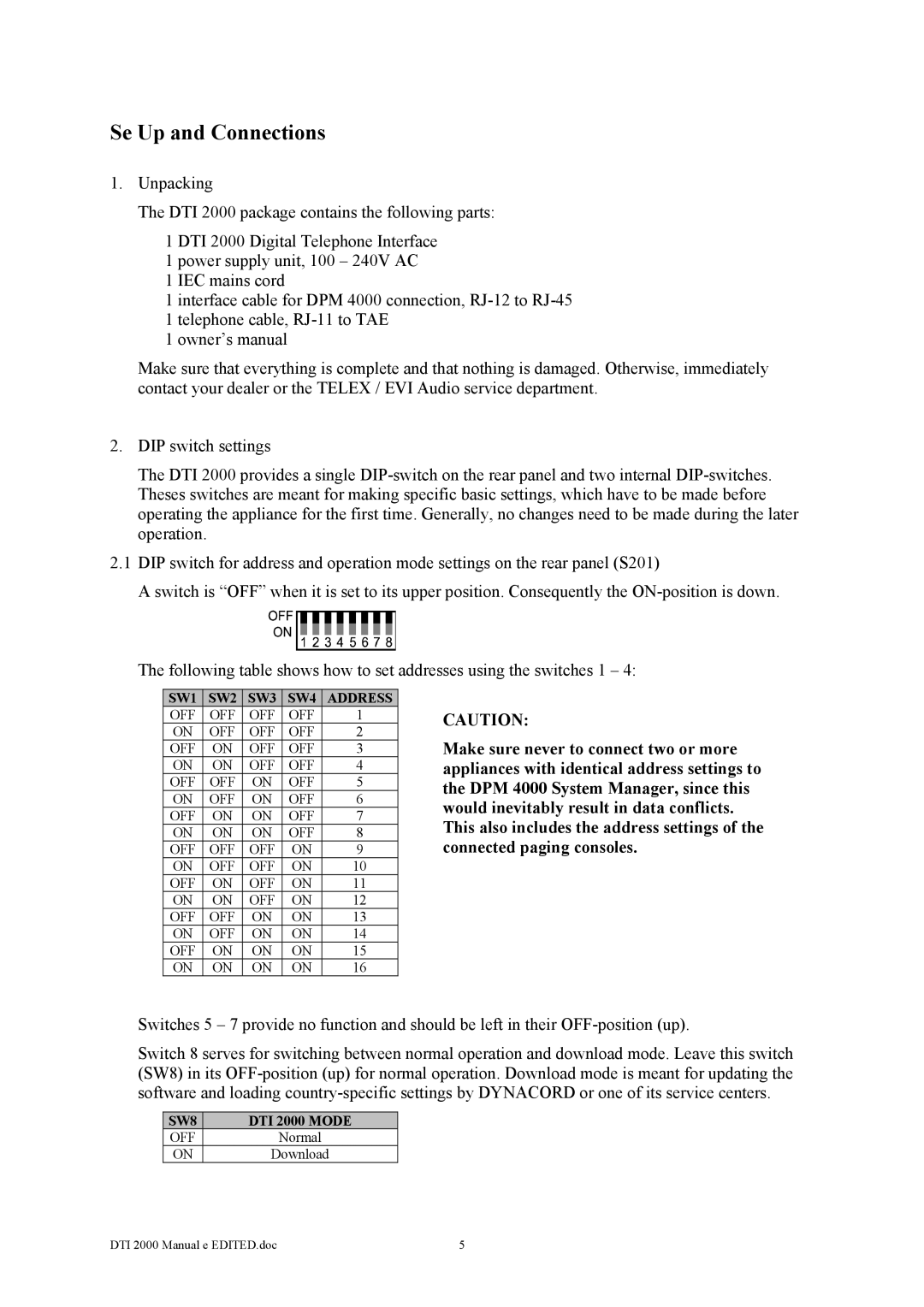 Dynacord DTI 2000 owner manual Se Up and Connections 