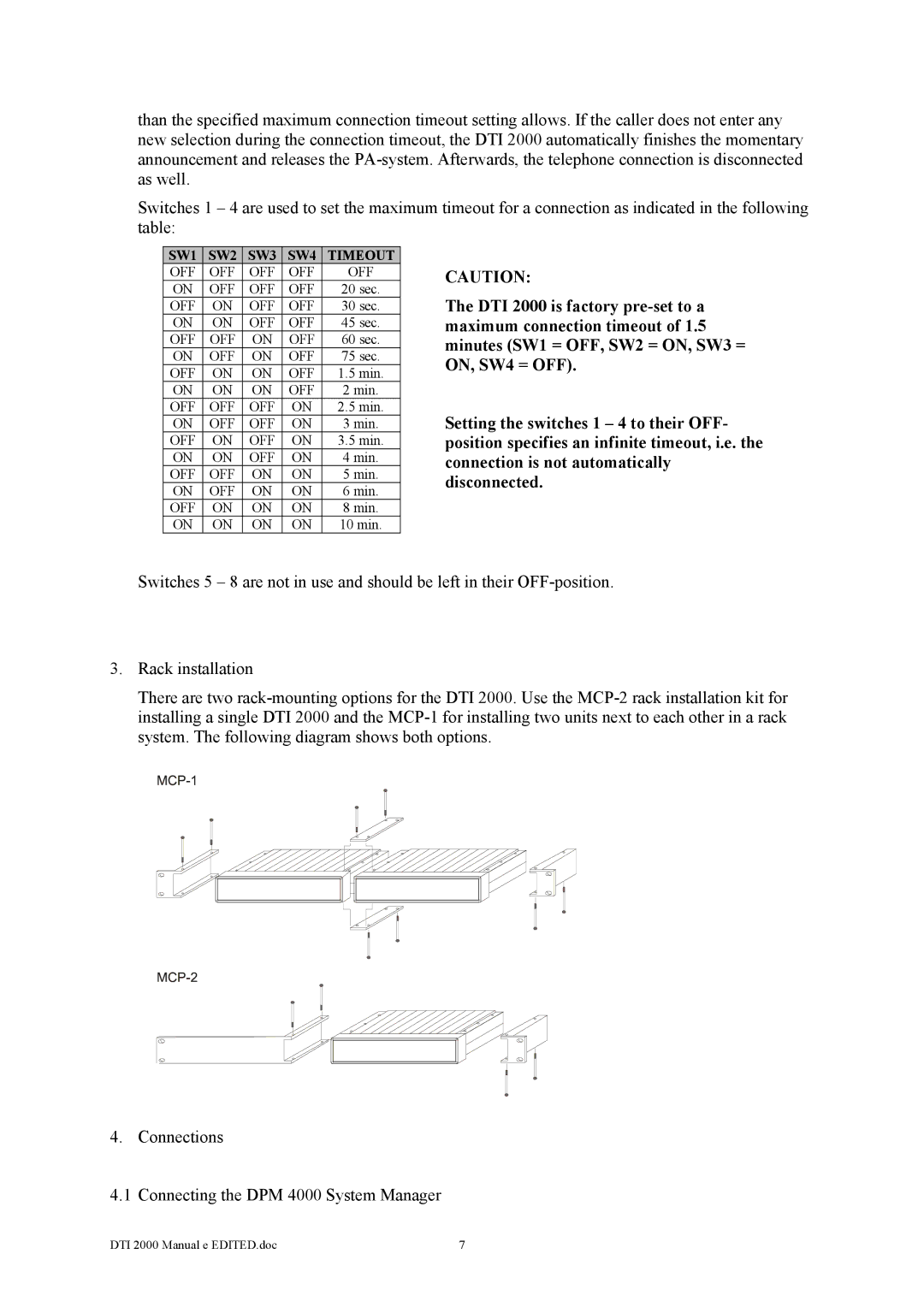 Dynacord DTI 2000 owner manual SW1 SW2 SW3 SW4 Timeout 