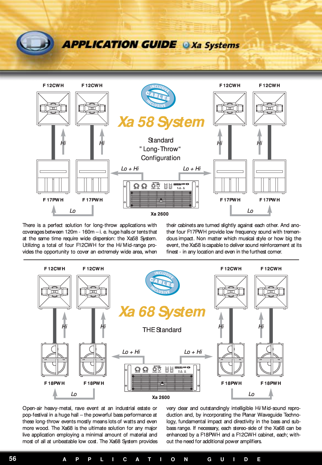 Dynacord F12 manual Xa 68 System, Xa 58 System, ”Long-Throw“, Configuration, THE Standard, Lo + Hi, A P P L I C A T I O N 