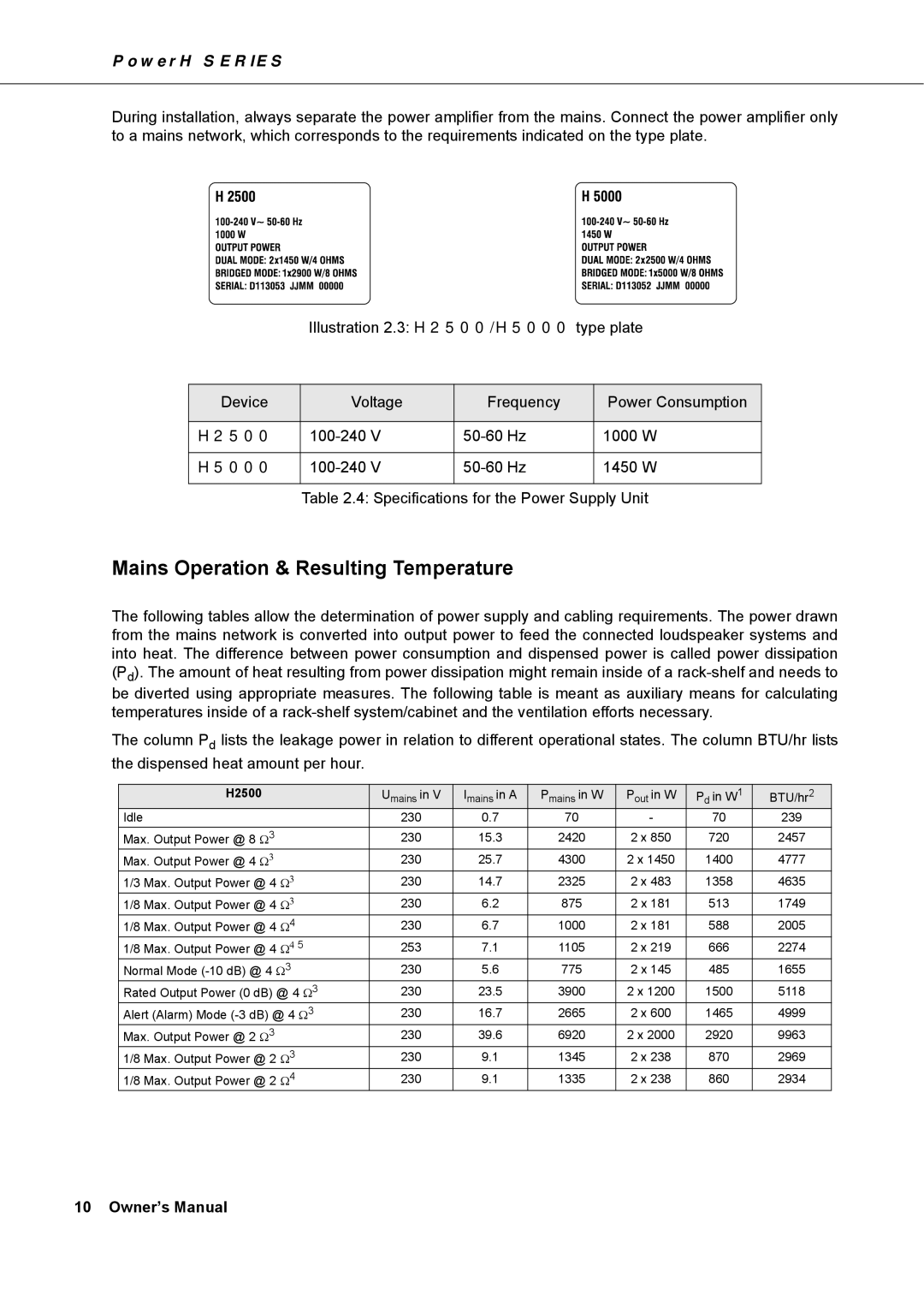 Dynacord H 2500, H 5000 owner manual Mains Operation & Resulting Temperature, H2500 