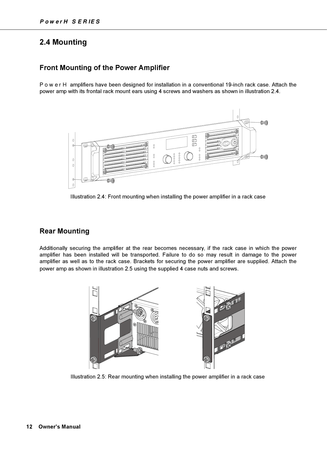 Dynacord H 2500, H 5000 owner manual Front Mounting of the Power Amplifier, Rear Mounting 