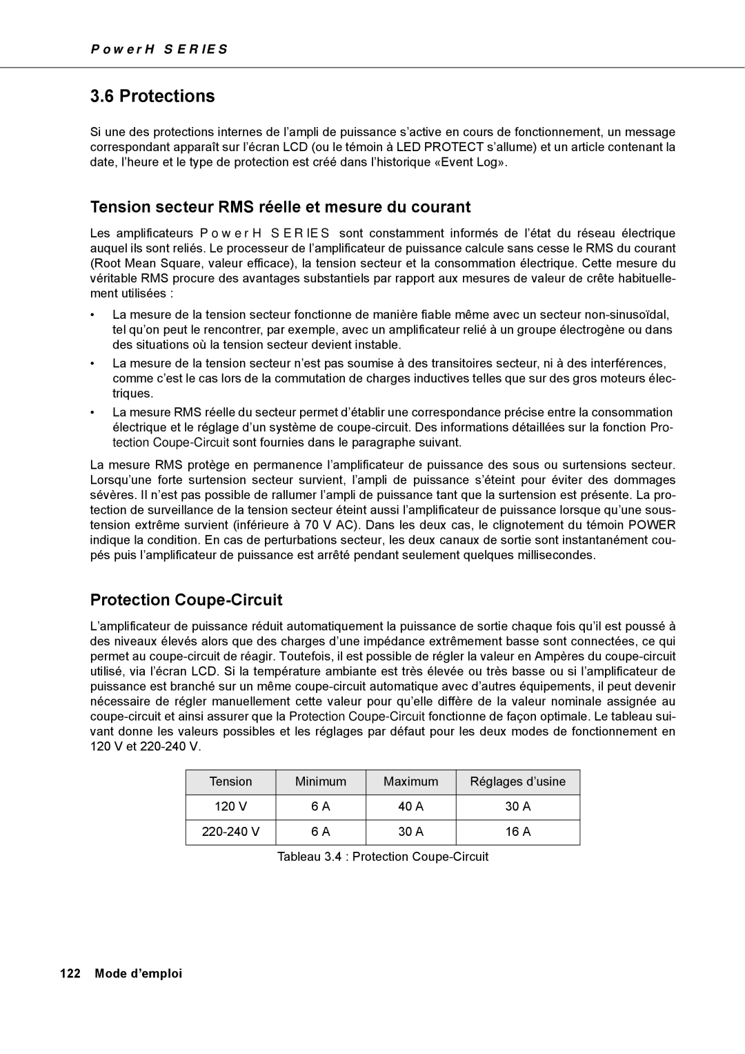 Dynacord H 2500, H 5000 owner manual Tension secteur RMS réelle et mesure du courant, Protection Coupe-Circuit 