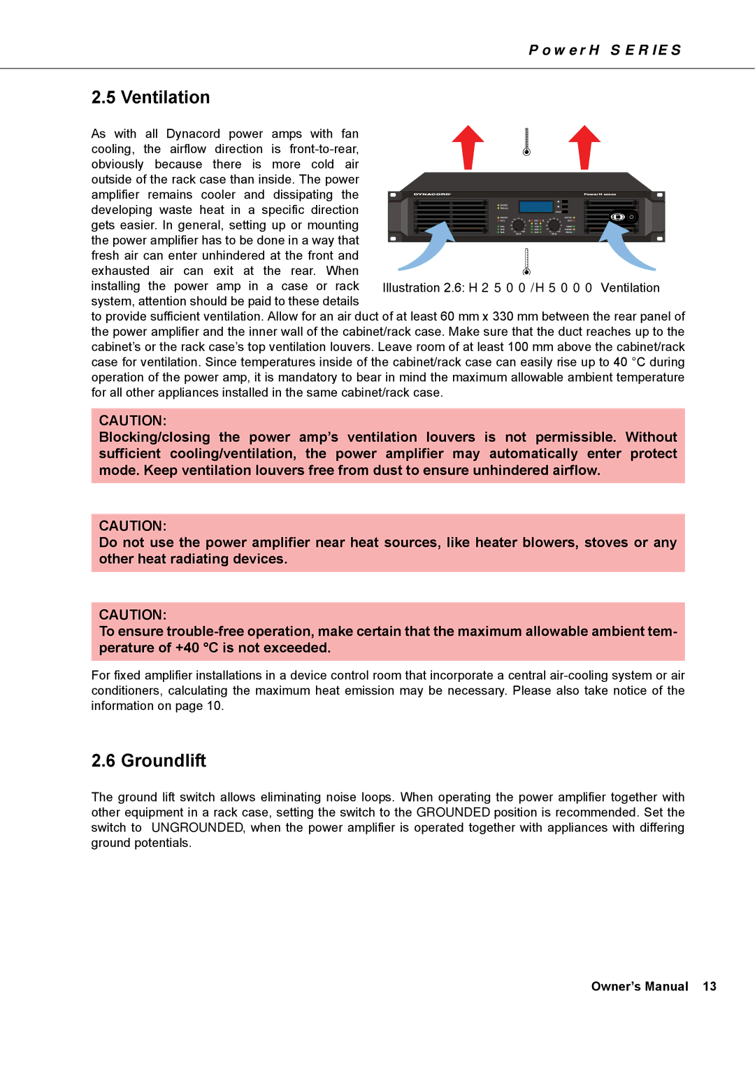 Dynacord H 5000, H 2500 owner manual Ventilation, Groundlift 