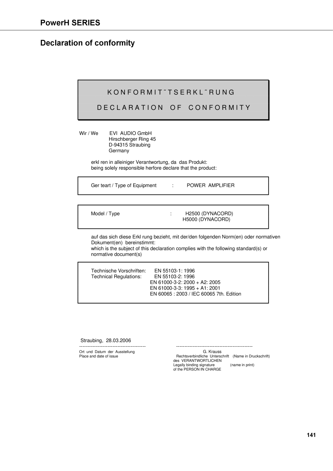 Dynacord H 5000, H 2500 owner manual PowerH Series Declaration of conformity, Power Amplifier 
