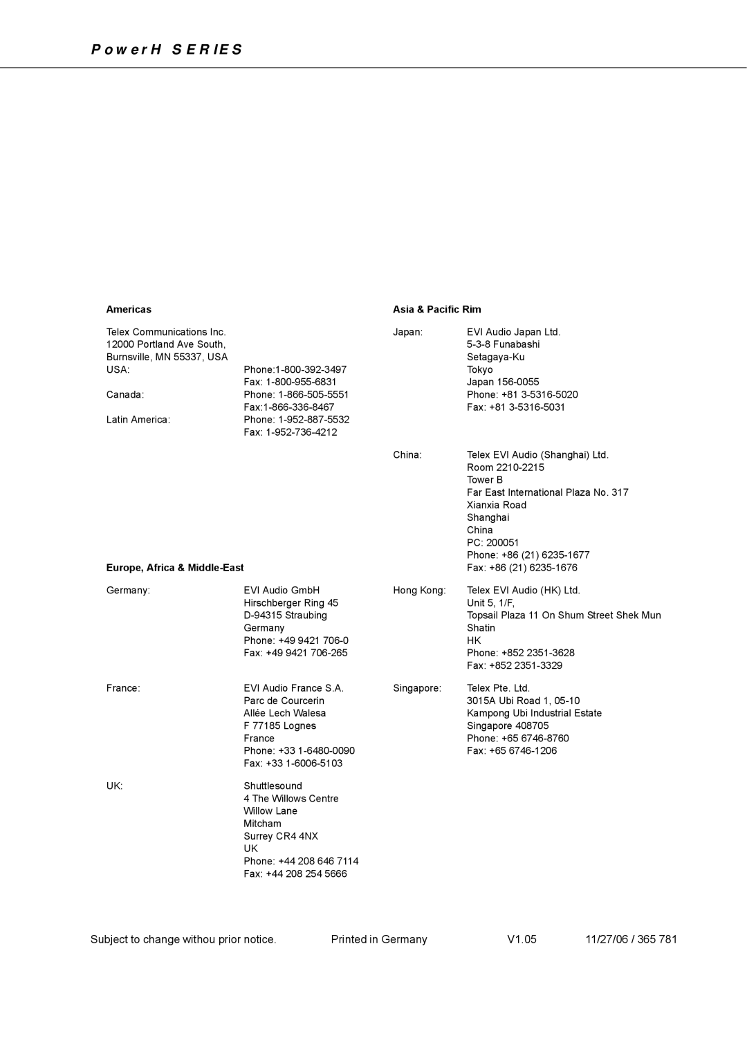 Dynacord H 2500, H 5000 owner manual Subject to change withou prior notice V1.05 11/27/06 / 365 