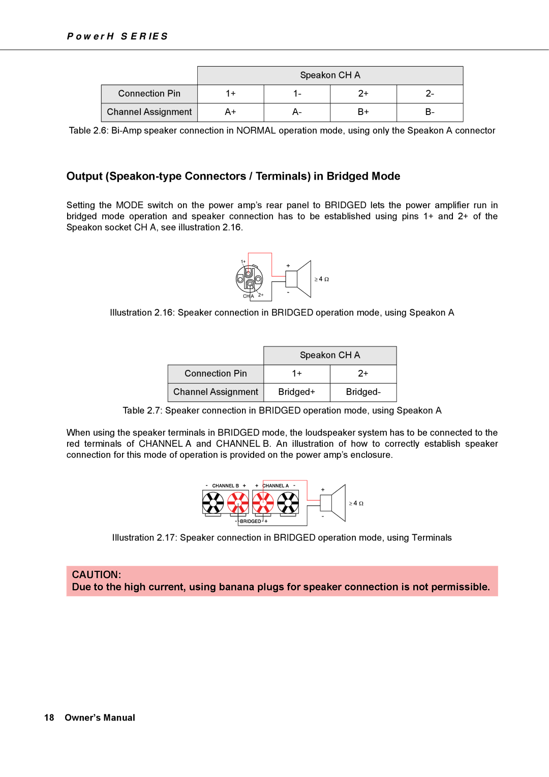 Dynacord H 2500, H 5000 owner manual Output Speakon-type Connectors / Terminals in Bridged Mode 