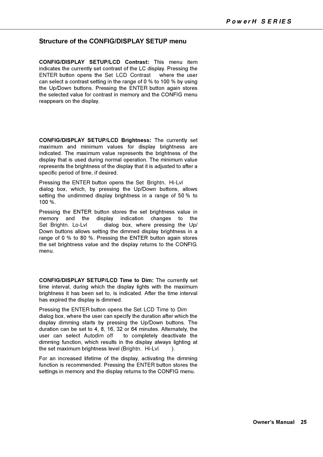 Dynacord H 5000, H 2500 owner manual Structure of the CONFIG/DISPLAY Setup menu 